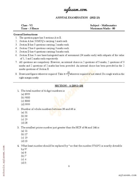 Class 6 Maths Question Paper 2023 PDF 6th Annual Exam Maths