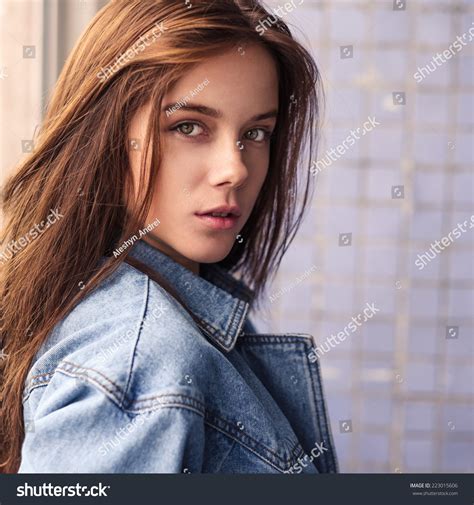 Portrait Beautiful Sexy Blonde Denim Jacket Stock Photo Shutterstock