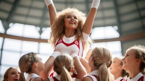 Premium AI Image | A group of cheerleaders performing a pyramid stunt