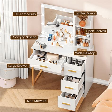 Vanity Makeup Desk With Mirror And Power Outlet 10 Lights 4 Drawers 3 Storage Shelves 3 Color