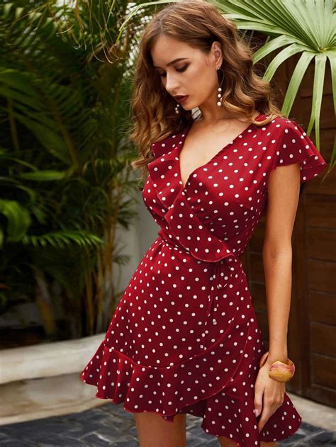 Polka Dot Ruffle Trim Wrap Dress Shein Usa Vestidos Casuais Curtos