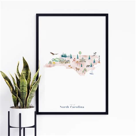 North Carolina Illustrated State Map Wall Art Print Nursery Etsy