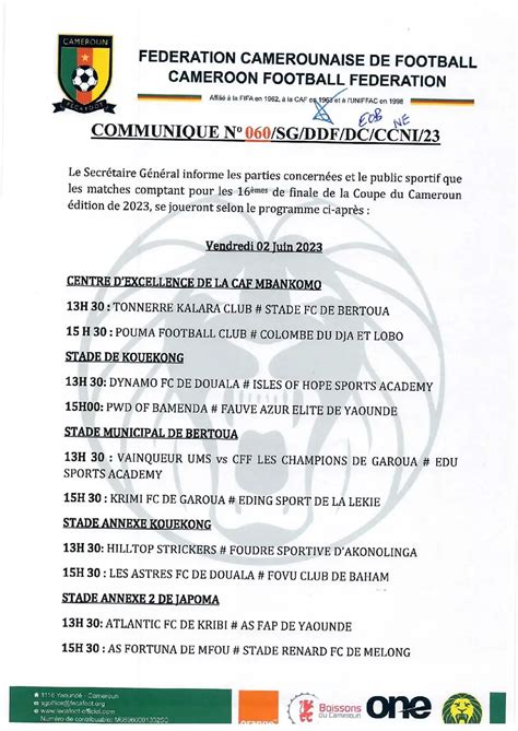 Programme des 16èmes de finale de la Coupe du Cameroun 2023