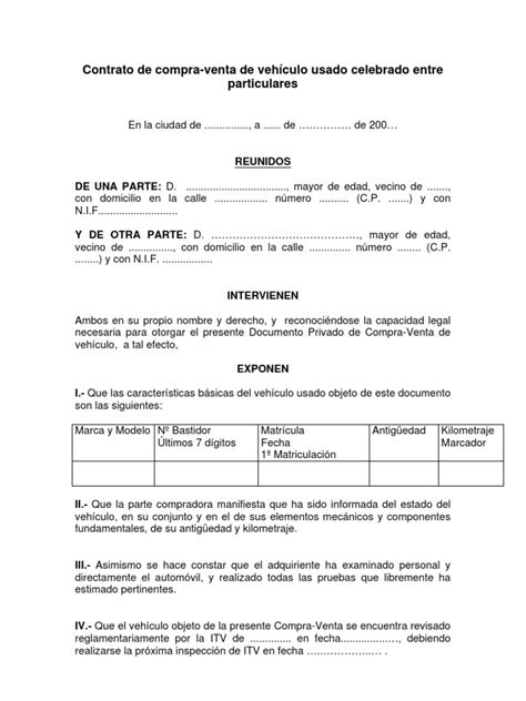 Contrato De Compra Venta De Vehículo Usado Celebrado Entre Particulares