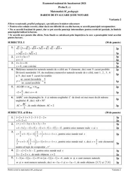 Bareme Matematic Bacalaureat Publicate De Ministerul Educa Iei