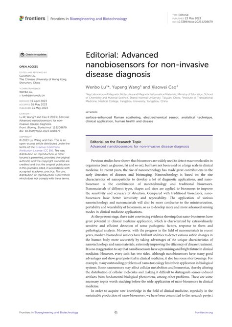 Pdf Editorial Advanced Nanobiosensors For Non Invasive Disease Diagnosis