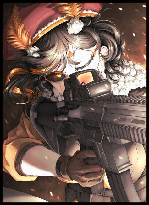 Safebooru 1girl Absurdres Aiming Antennae Arthropod Girl Assault Rifle Barre Black Hair Black