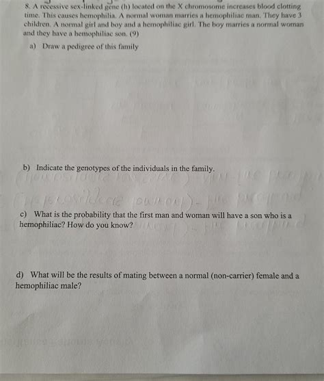 Solved 8 A Recessive Sex Linked Gene H Located On The X Chegg