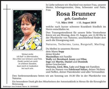 Traueranzeigen Von Rosa Brunner Trauer Bz