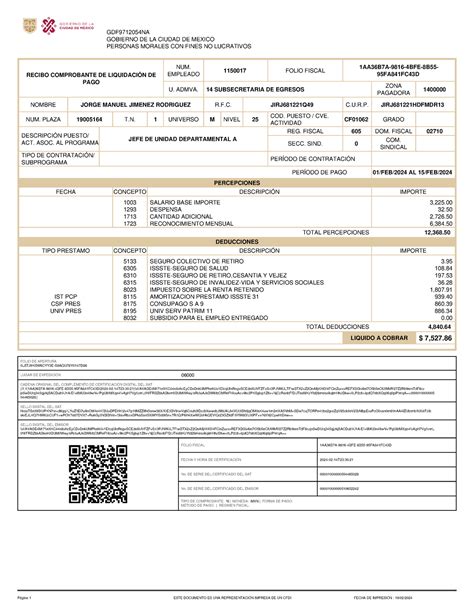 Recibo De Nomina 1a Febrero GDF9712054NA GOBIERNO DE LA CIUDAD DE