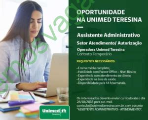 Emprego Para Assistente Administrativo Na Unimed Em Teresina Pi