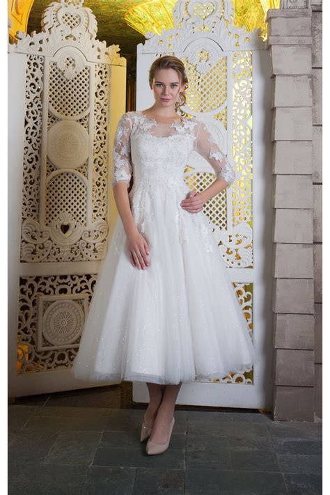 White Rose Honey Tea Length Wedding Gown With Sleeves Calf Ankle