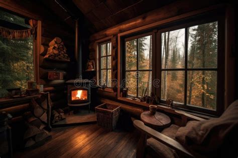 Cozy Cabin In The Woods With A Warm Fire And Fresh Coffee Stock Image