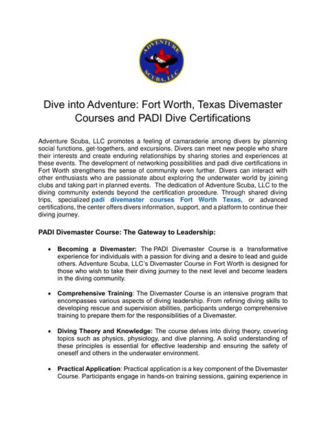 Ppt Dive Into Adventure Fort Worth Texas Divemaster Powerpoint