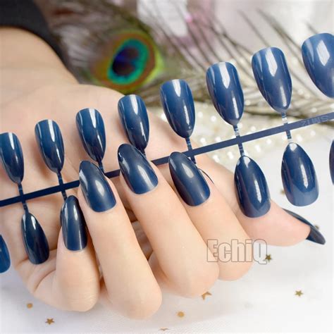 Dark Blue Oval Sharp End Stiletto Nails Tips Full Cover Fake Artificial