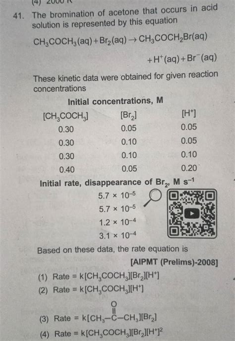 The Bromination Of Acetone That Occurs In Acid Solution Is Represented By