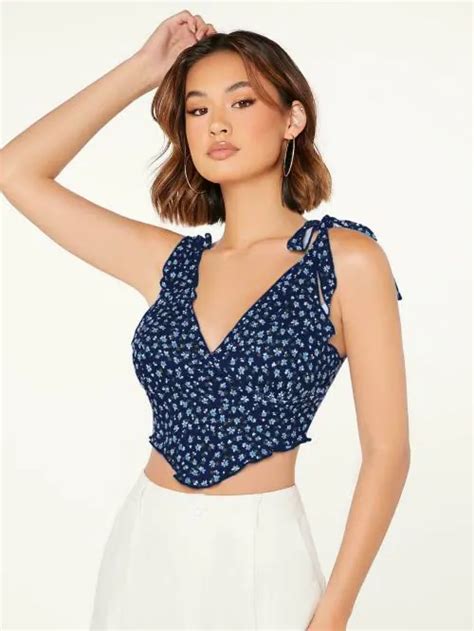 Buy Aahwan Women Dark Blue Floral Print Polyester Crop Top Online At