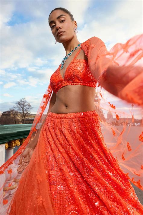 Neon Orange Sequin Lehenga Set Seema Gujral