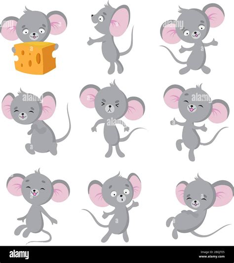 Cartoon Mouse Gray Mice In Different Poses Cute Wild Rat Animal