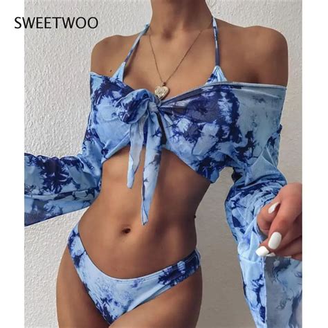 Long Sleeve Swimwear Women Bandage Bikini Mujer Summer Sexy Print Brazilian Swimsuit Female