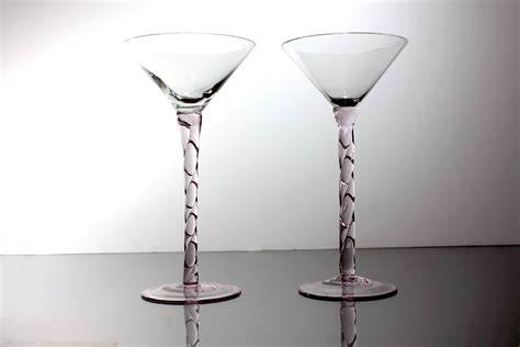 Tall Martini Glasses Pink Twisted Stem Set Of 2 Handblown Barware