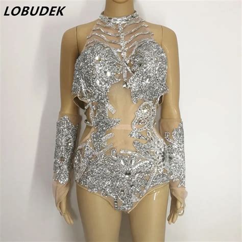 Buy Sexy Nightclub Bar Shining Rhinestones Bodysuit Female Costumes Silver