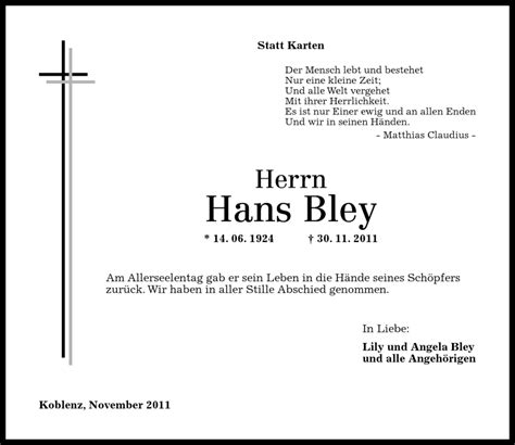 Traueranzeigen Von Hans Bley Rz Trauer De