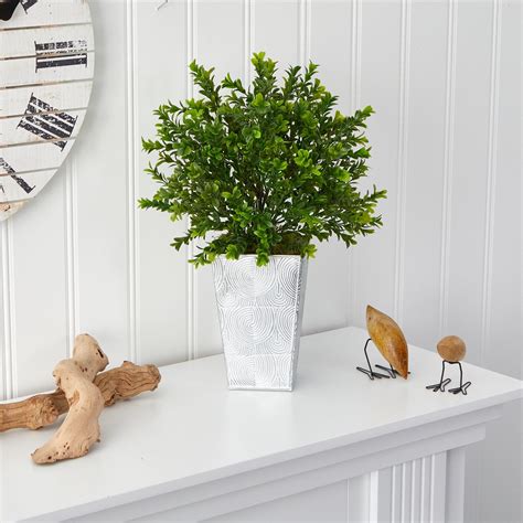 19” Boxwood Artificial Plant In Embossed White Planter Indoor Outdoor Nearly Natural