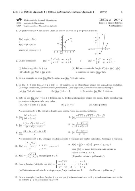 Lista 3 De Cálculo 1 Uff Limites E Continuidade Lista Exercícios