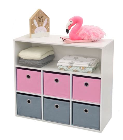 Meuble De Rangement Chambre Enfant Blanche Avec Paniers Rose Et Gris