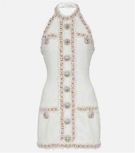 Balmain Halterneck Embellished Tweed Minidress White Editorialist