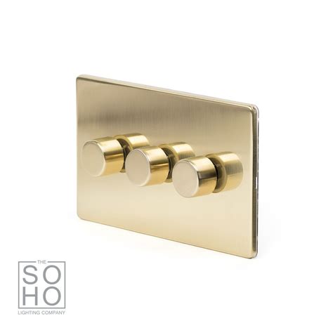 Soho Lighting Brushed Brass 3 Gang 2 Way Intelligent Trailing Dimmer Switch Screwless 100w Led