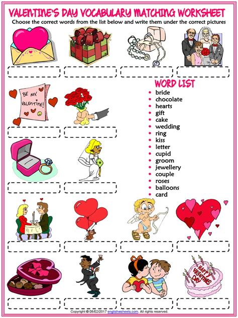 Valentines Day Vocabulary Esl Matching Exercise Worksheet For Kids Pdf
