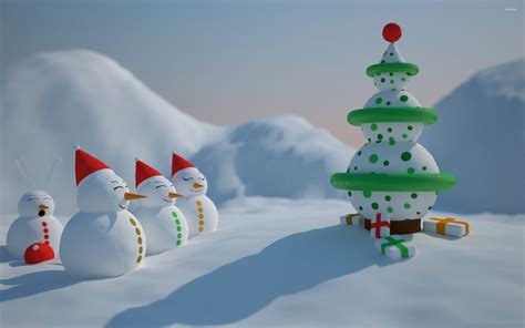 Happy snowman family by the Christmas tree wallpaper - Holiday ...