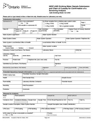 MOE LIMS Drinking Water Sample Submission And Chain Of Custody For