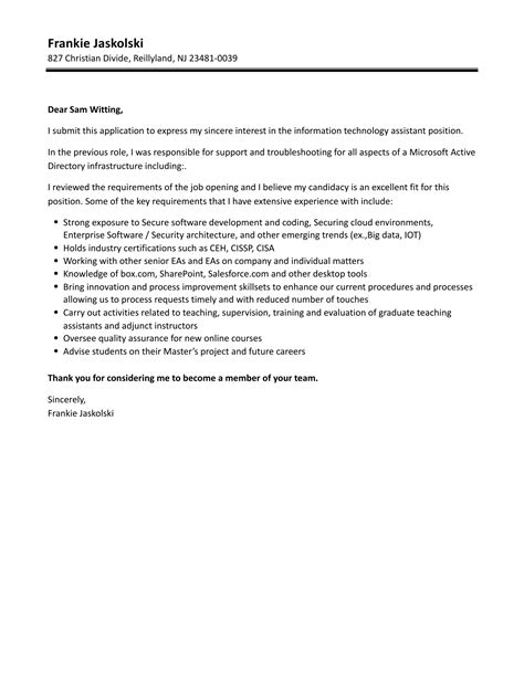 Information Technology Assistant Cover Letter Velvet Jobs