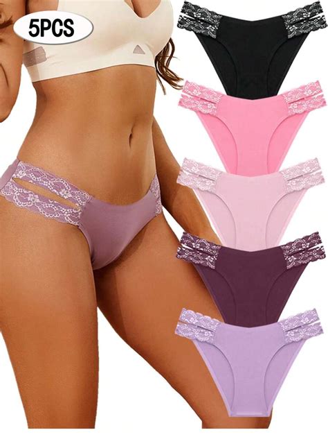 5pcs Womens Seamless Bikini Panties High Waist V Neck Lace Underwear