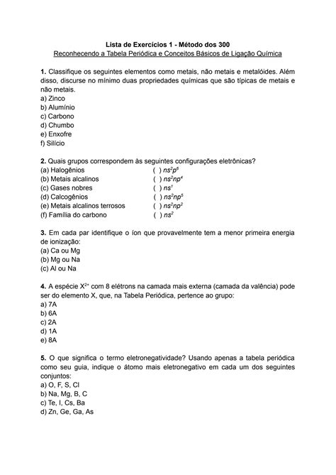 Solution Lista De Exerc Cios Sobre Tabela Peri Dica E Liga Es Qu Micas