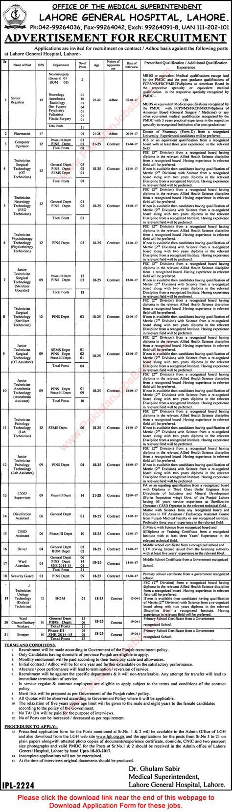 Lahore General Hospital Jobs 2017 March Application Form Medical