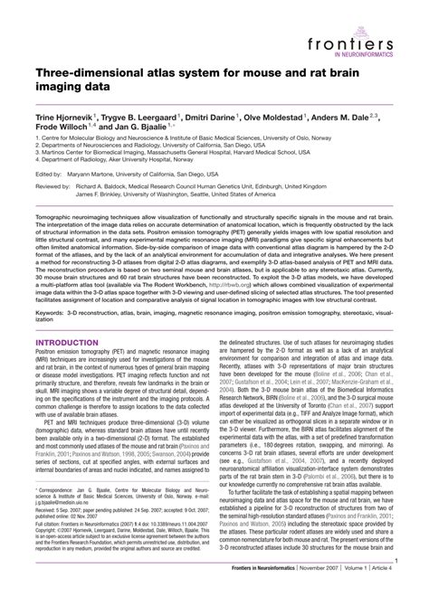 Pdf Three Dimensional Atlas System For Mouse And Rat Brain Imaging Data