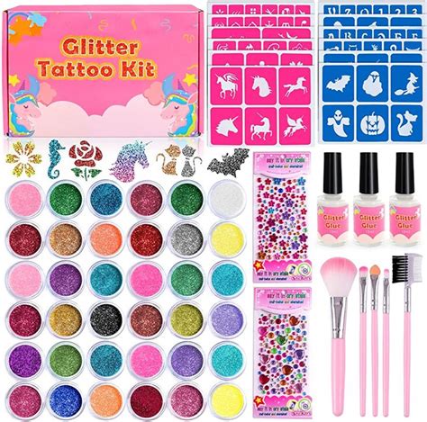 Glitter Tattoos Kit, Temporary Tattoo Set for Kids - 36 Colors Glitter, 135 Unique Tattoo ...