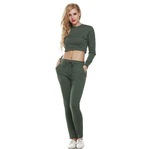 New 2018 Fashion Womens 2 Piece Set Green Long Sleeve Sweatshirt Outfits Pants Tracksuit Crop