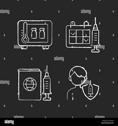 Vaccine Shot Chalk White Icons Set On Black Background Stock Vector