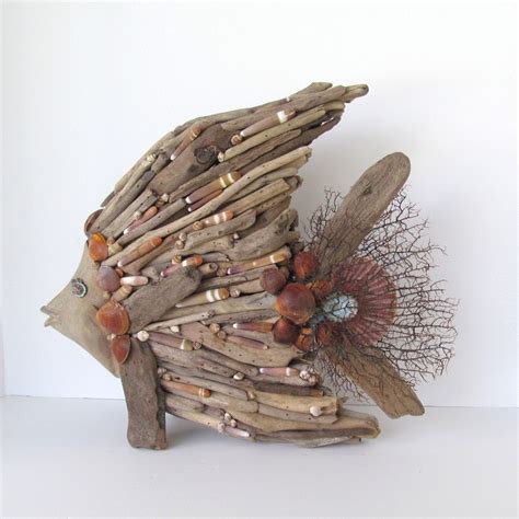 Driftwood Art Sculpture Fish Angelfish Shells Beach Coastal