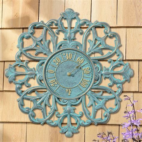 Medallion Outdoor Thermometer Verdigris Frontgate Outdoor Clock Clock Whitehall Products