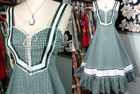 GUNNE SAX DRESS 1970 S Green Gingham Sundress Bohemian Crochet S 34