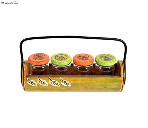 Buy Lemon Green Glass Jars With Wooden Stand Online In India At Best Price Modern Jars