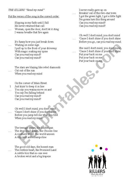 THE KILLERS Read My Mind - ESL worksheet by Barbara Polakiewicz