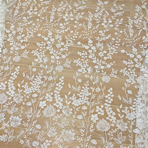 Ivory Floral Leaf Lace Fabric With Sequins Blossom Embroidery Etsy