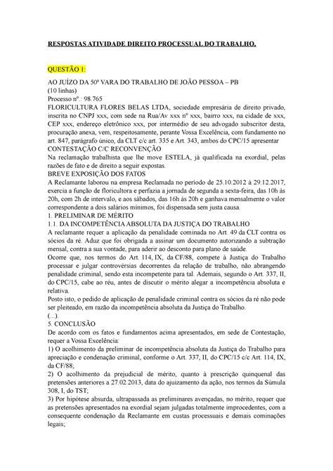 Resposta Atividade Avaliativa Direito Processual DO Trabalho